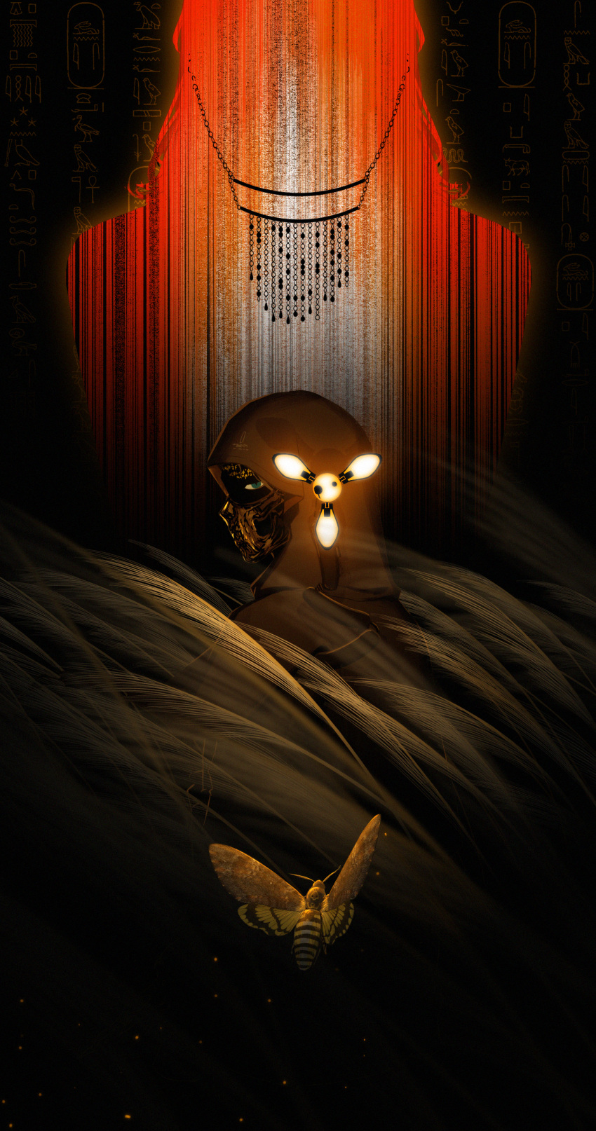1boy, absurdres, animal, bead_curtain, black_skin, broken_wall, bug, chain