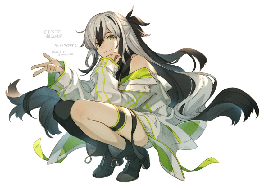 1girl, black_hair, dated, fate/grand_order, fate_(series), green_eyes, highres, jacket