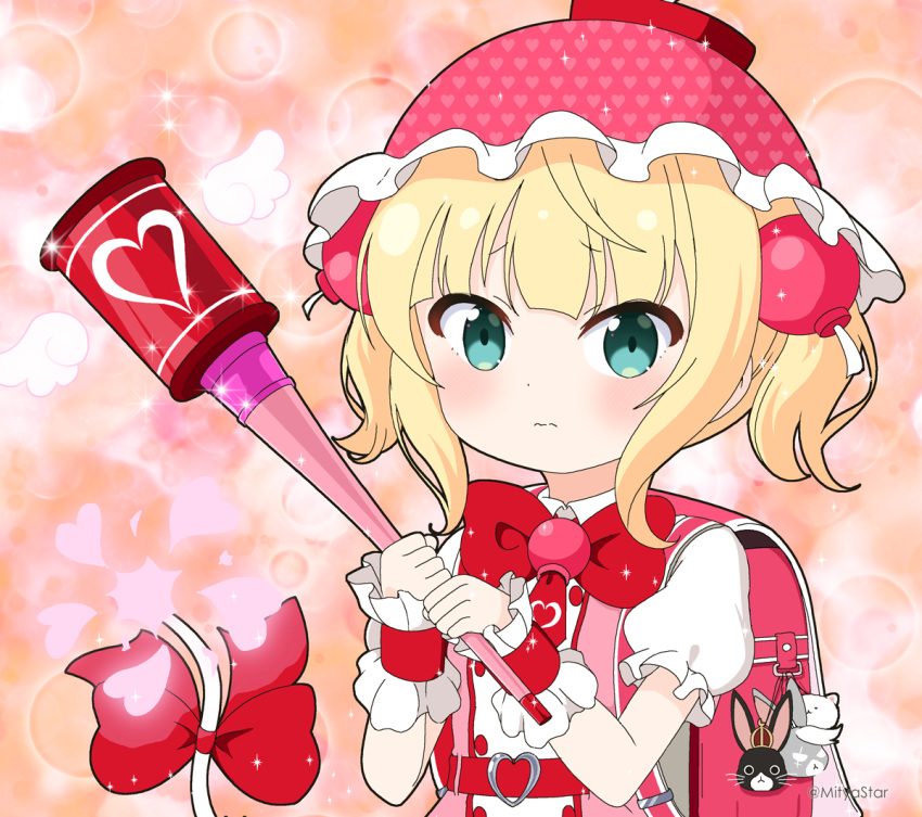 1girl, anko_(gochiusa), backpack, bag, bag_charm, blonde_hair, blush, bombergirl