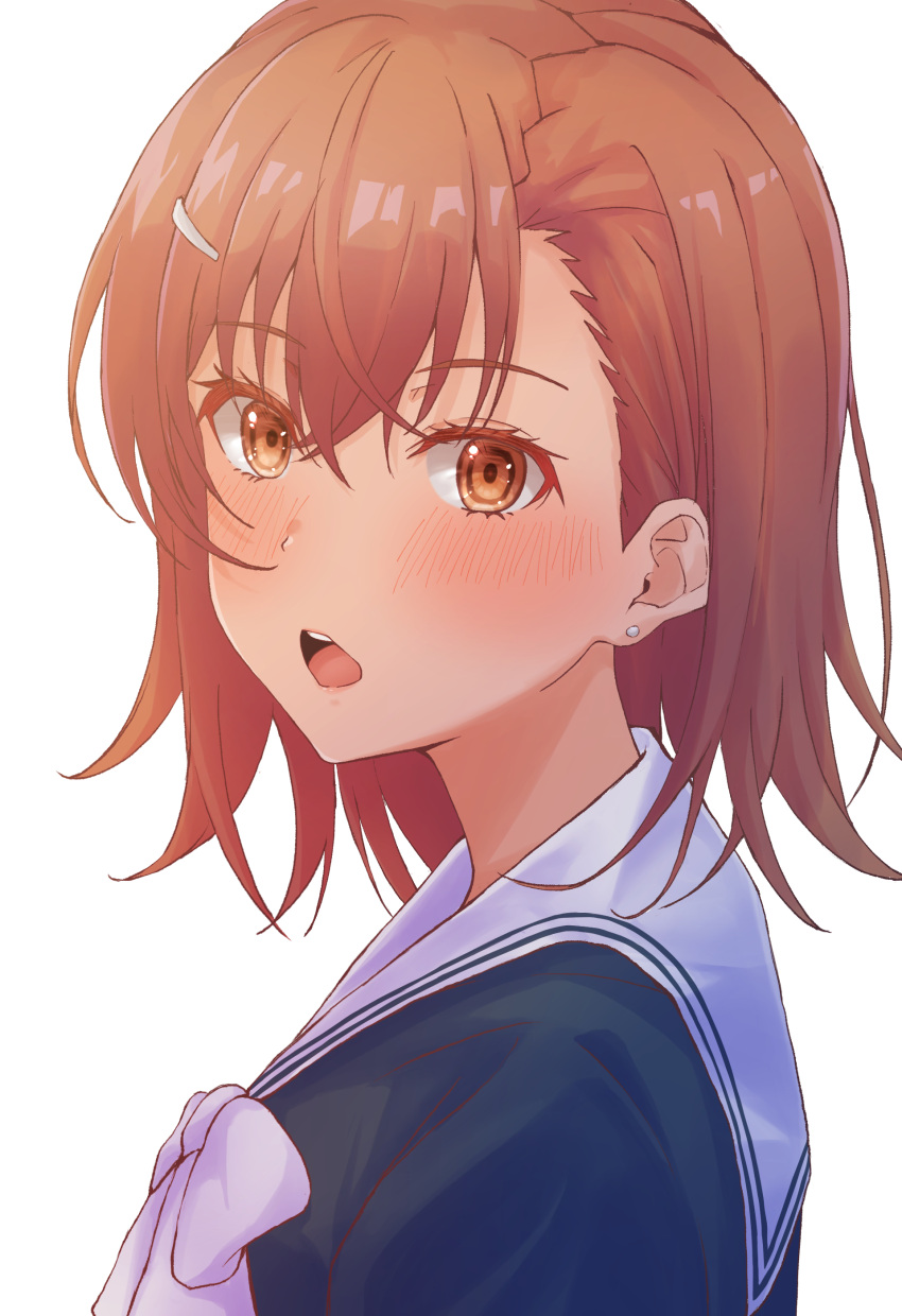 1girl, a_certain_high_school_uniform, absurdres, alternate_costume, blue_shirt, blush, bow, brown_eyes