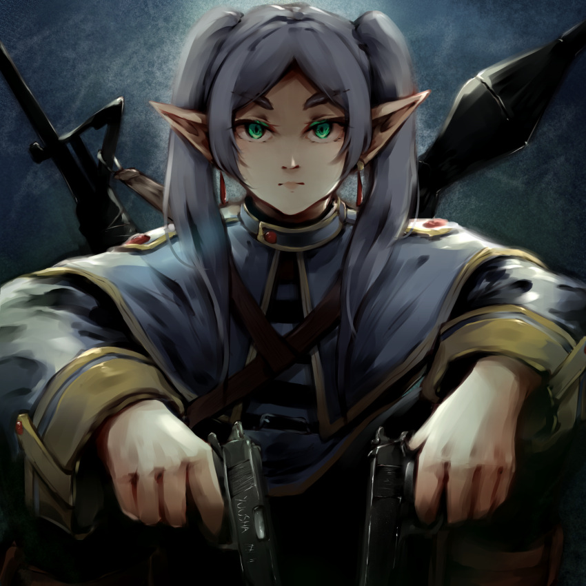 1girl, alex_mason, assault_rifle, call_of_duty, call_of_duty:_black_ops, crossover, dual_wielding, elf, english_commentary, frieren, green_eyes, gun, handgun, highres, holding, m16, m1911, parody, pointy_ears, rifle, rocket_launcher, rpg_(weapon), serious, solo, sousou_no_frieren, synoh, twintails, weapon, white_hair