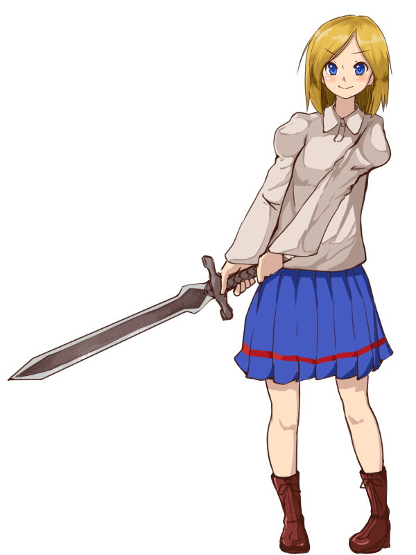 1girl, blonde_hair, blue_eyes, blue_skirt, blush, boots, brown_footwear, cross-laced_footwear