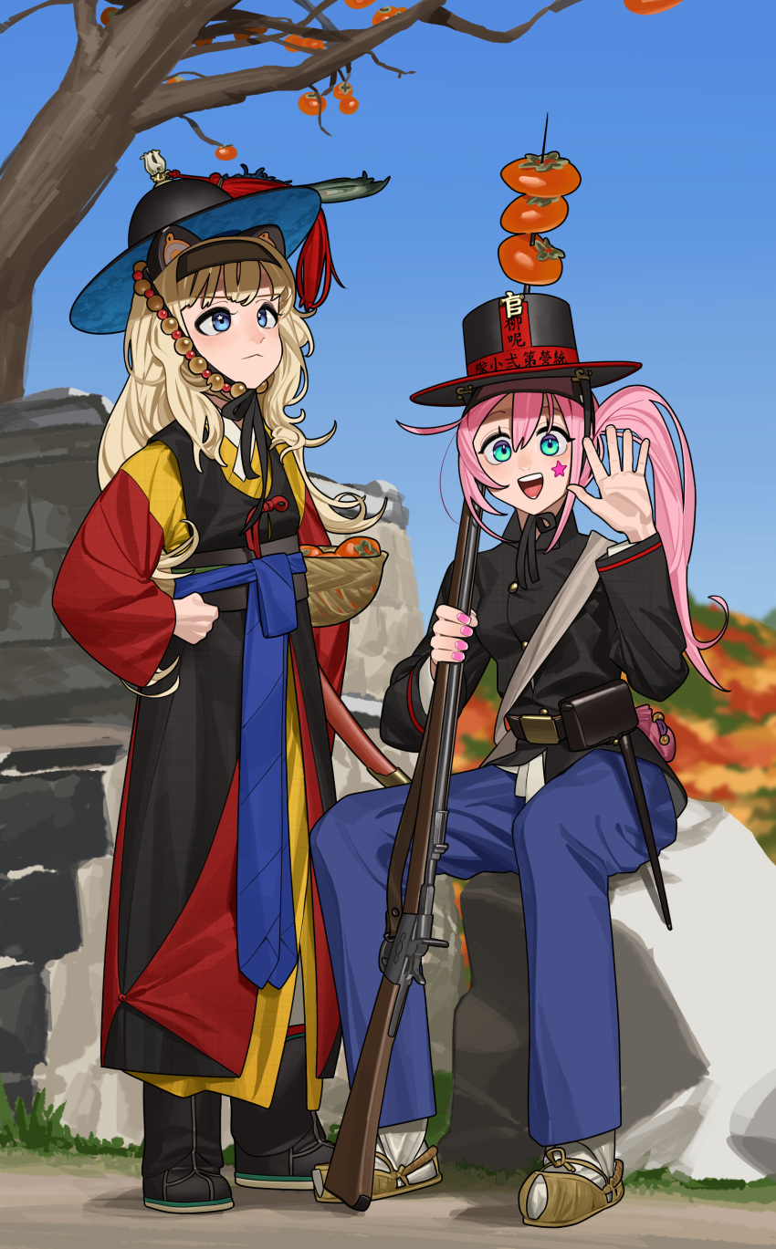 1girl, 2girls, absurdres, antique_firearm, beonggeoji, blonde_hair, blue_eyes, firelock, flintlock, gun, highres, holding, holding_gun, holding_weapon, joseon_dynasty, korea, looking_afar, looking_at_viewer, military, multiple_girls, on_rock, pink_hair, pzkpfwi, rifle, rock, seeu, sitting, sitting_on_rock, standing, star_(symbol), tomato, tree, under_night_in-birth, uni_(vocaloid), waving, weapon