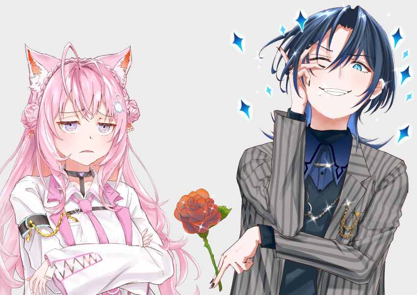 2girls, absurdres, animal_ears, antenna_hair, azuma_(azmdraw), black_nails, black_shirt, blue_eyes, blue_hair, blue_undershirt, braid, coat, collared_shirt, double_bun, flower, french_braid, grey_jacket, hair_bun, hakui_koyori, hakui_koyori_(1st_costume), highres, hiodoshi_ao, holding, holding_flower, hololive, hololive_dev_is, jacket, lab_coat, long_hair, looking_at_viewer, multiple_girls, nail_polish, necktie, one_eye_closed, pink_hair, pink_necktie, rose, shirt, short_hair, smile, striped_clothes, striped_jacket, vertical-striped_clothes, vertical-striped_jacket, violet_eyes, virtual_youtuber, white_coat, white_shirt, wolf_ears, wolf_girl