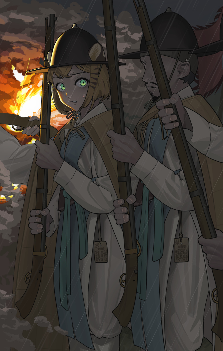 1boy, 1girl, antique_firearm, battle, beard, blonde_hair, cloak, facial_hair