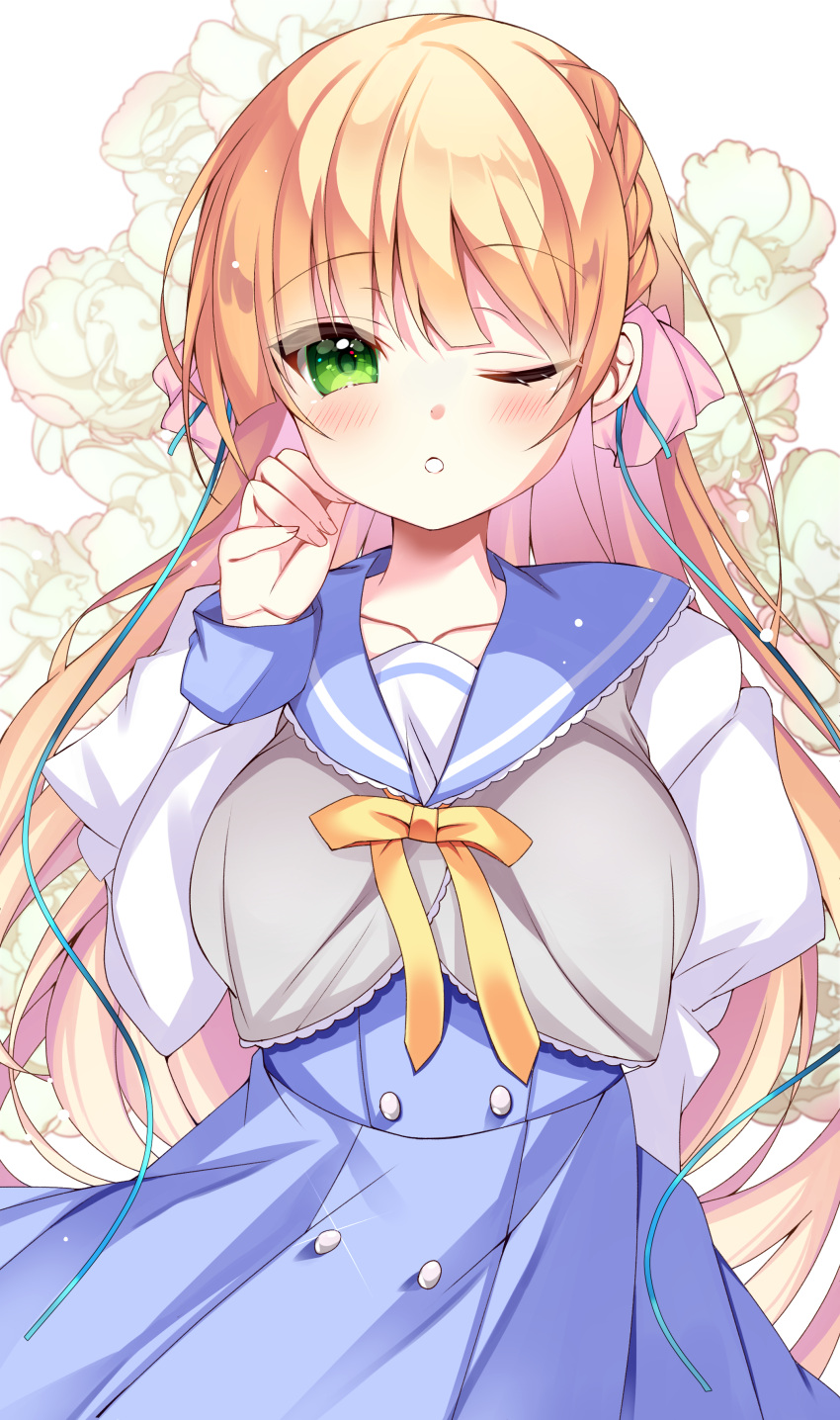 1girl, absurdres, black_ribbon, blonde_hair, blue_sailor_collar, blue_skirt, blunt_bangs, blush