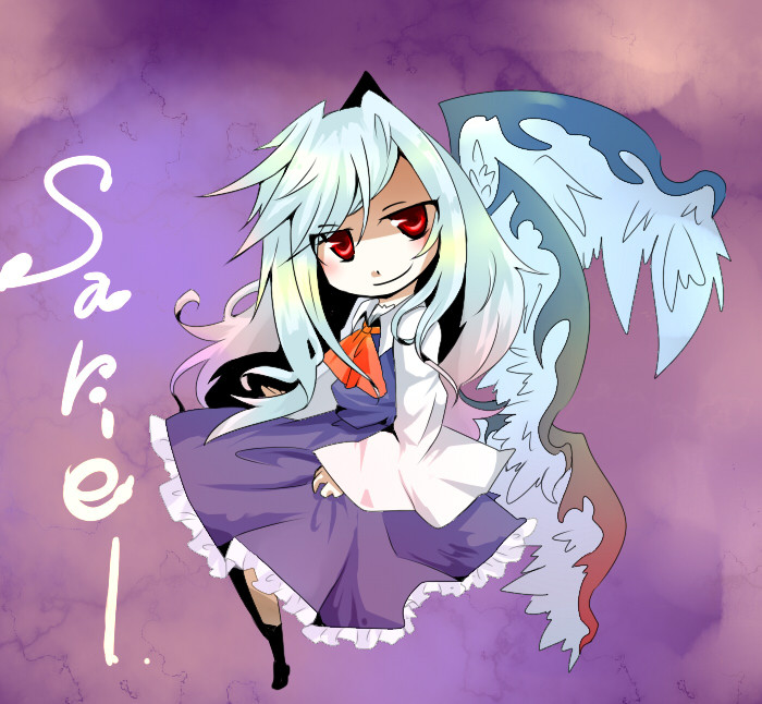 akamomosiro, red_eyes, sariel, solo, touhou, touhou_(pc-98), white_hair, wings