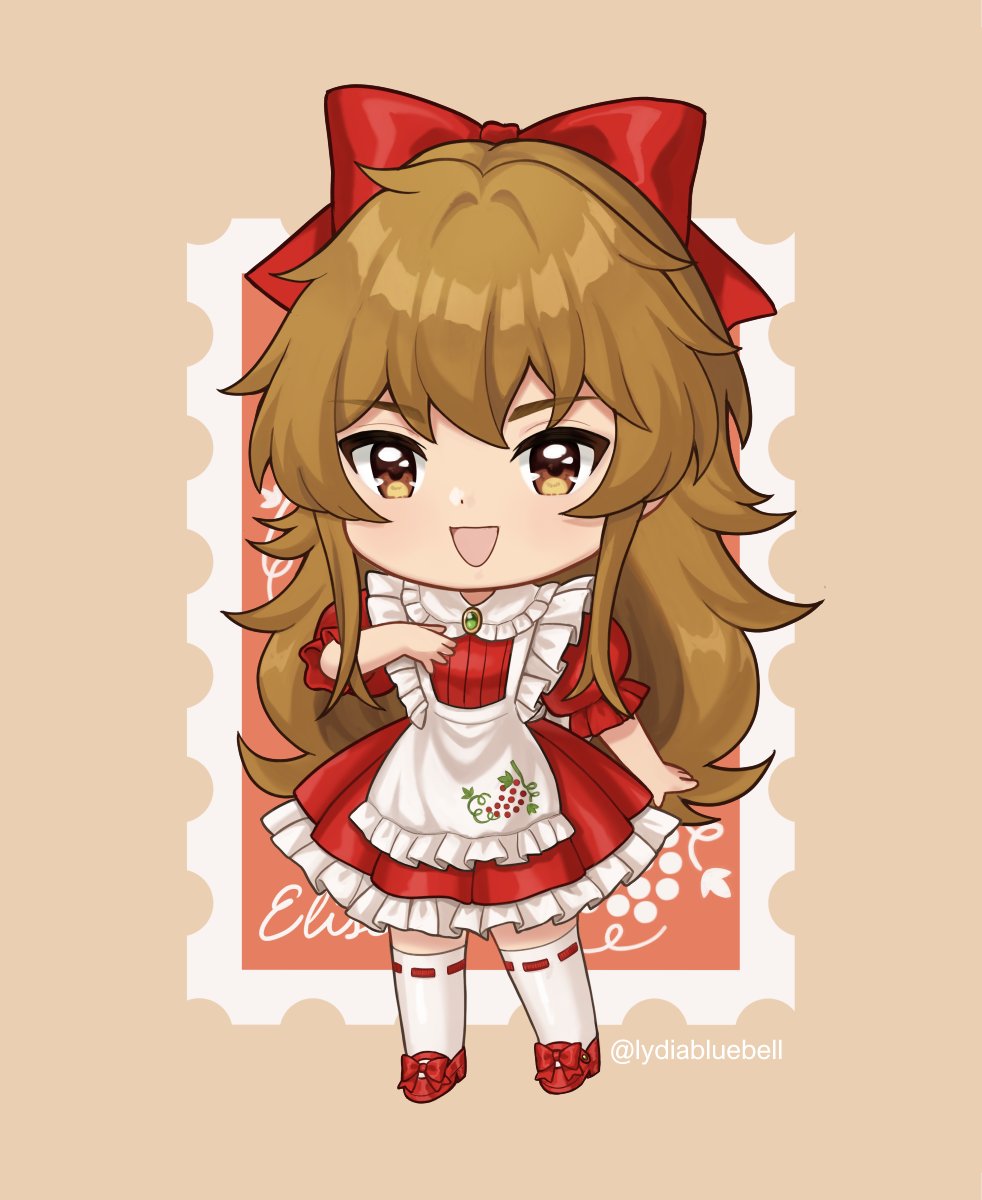 1girl, apron, bow, brown_eyes, brown_hair, chibi, commentary, dress