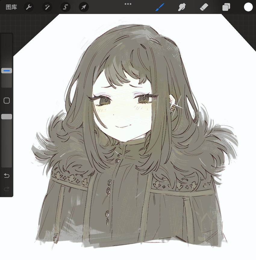 1girl, art_program_in_frame, black_cape, black_dress, black_eyes, black_hair, cape, closed_mouth