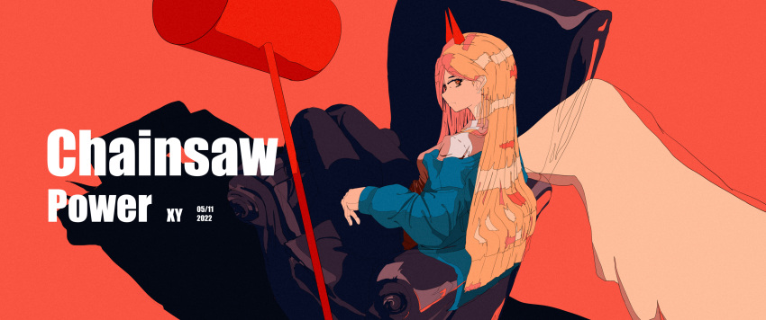 1girl, absurdres, blonde_hair, blue_jacket, chainsaw_man, couch, dated, hammer, highres, horns, hoshizakana, jacket, looking_at_viewer, off_shoulder, on_couch, orange_eyes, power_(chainsaw_man), red_horns, shirt, sideways_glance, sitting, solo, white_shirt