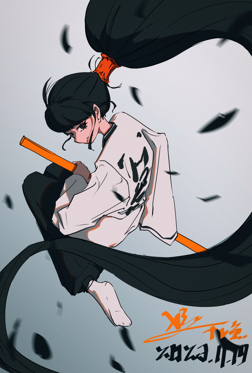 1girl, absurdres, black_eyes, black_hair, black_pants, dated, highres, holding, holding_sword, holding_weapon, hoshizakana, jacket, jumping, original, pants, ponytail, red_pupils, sidelocks, signature, socks, solo, sword, weapon, white_jacket, white_socks
