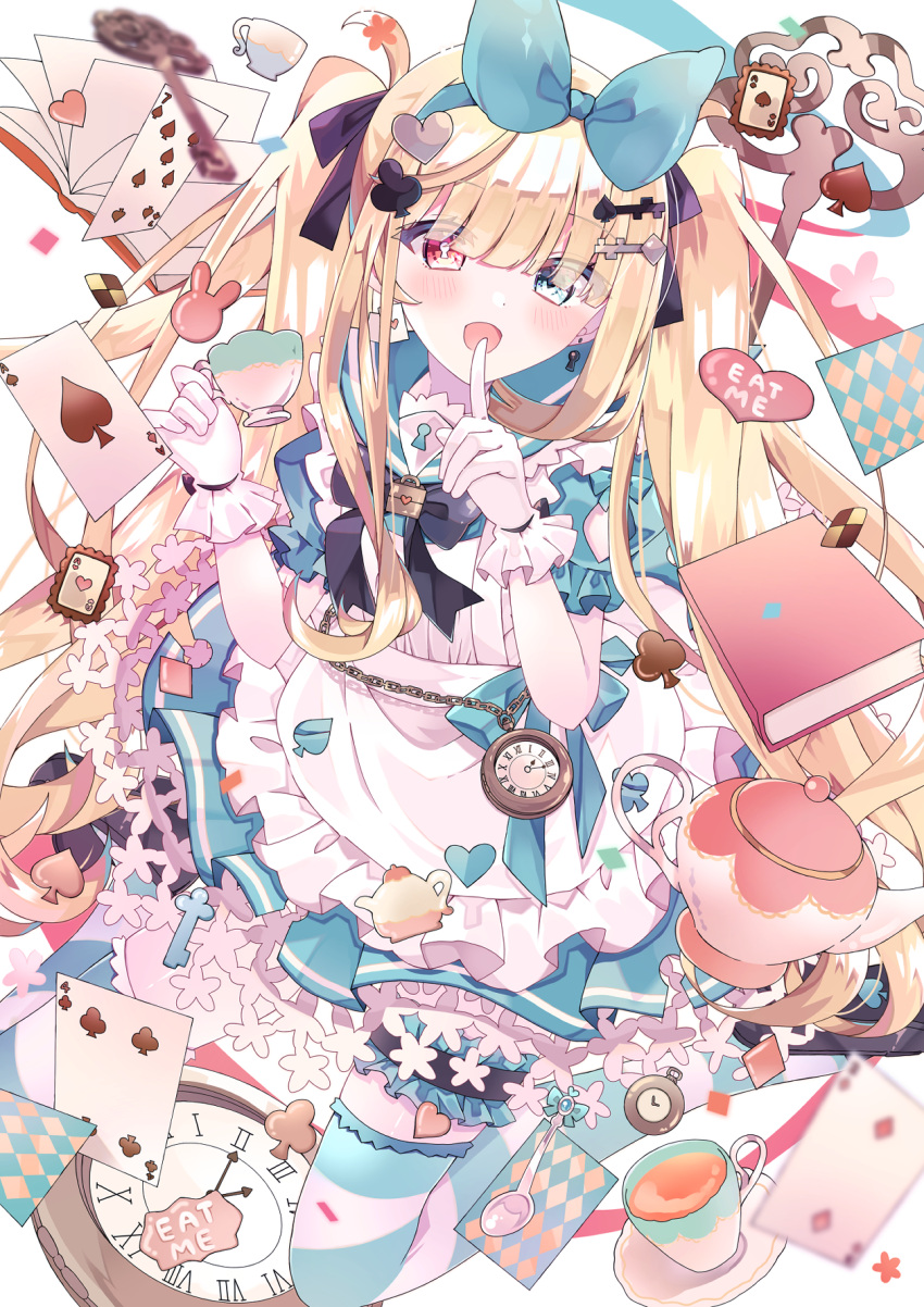 1girl, ace_(playing_card), ace_of_spades, alice_(alice_in_wonderland), alice_in_wonderland, aoi_yugina, black_bow, black_footwear