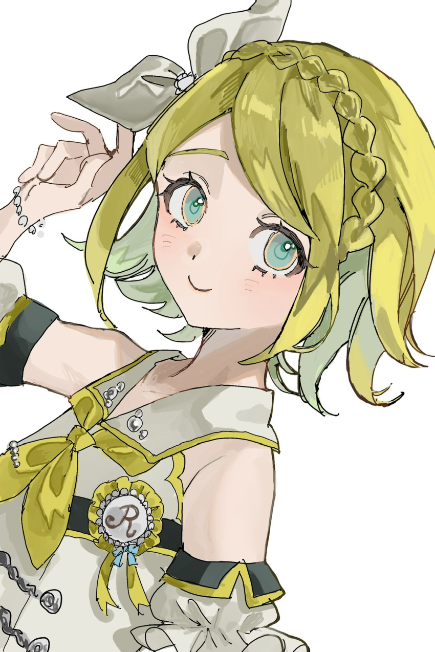 1girl, adjusting_clothes, adjusting_headwear, bare_shoulders, blonde_hair, blue_eyes, blush, bow, bracelet, braid, closed_mouth, crown_braid, detached_sleeves, dot_nose, dutch_angle, from_side, hair_bow, hand_up, highres, inu_totemo, jewelry, kagamine_rin, long_sleeves, looking_at_viewer, more_more_jump!_rin, neckerchief, parted_bangs, project_sekai, ribbon, sailor_collar, shirt, short_hair, sidelocks, simple_background, sleeveless, sleeveless_shirt, smile, solo, upper_body, vocaloid, white_background, white_bow, white_sailor_collar, white_shirt, white_sleeves, yellow_neckerchief