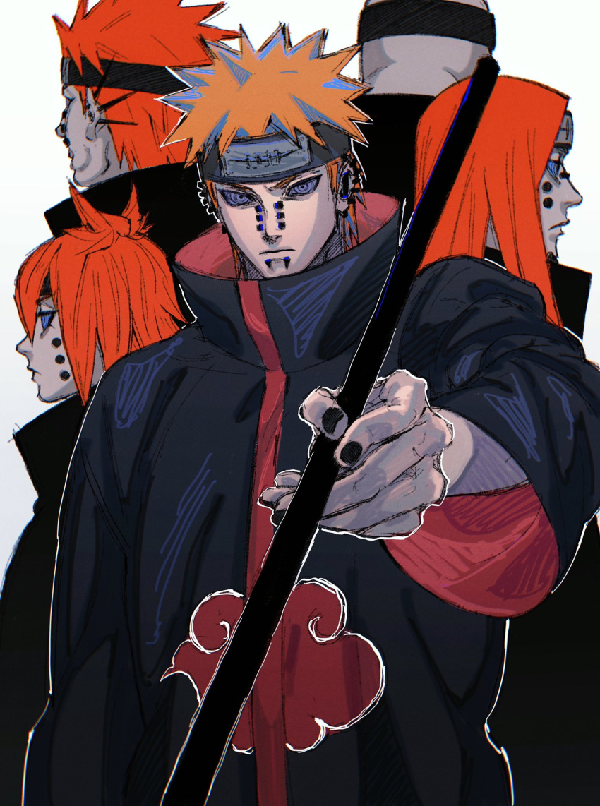 5boys, akatsuki_uniform, amegakure_symbol, anti-eyebrow_piercing, back-to-back, barbell_piercing, black_nails, cheek_piercing, chikushoudou_pain, chin_piercing, closed_mouth, ear_piercing, facial_mark, facing_away, forehead_protector, high_collar, highres, holding, jigokudou_pain, lip_piercing, long_hair, looking_at_viewer, multiple_boys, naruto_(series), naruto_shippuuden, ningendou_pain, nose_piercing, orange_hair, outstretched_arm, pain_(naruto), piercing, profile, ringed_eyes, short_hair, shuradou_pain, spiky_hair, turtleneck, umkaqryi, upper_body
