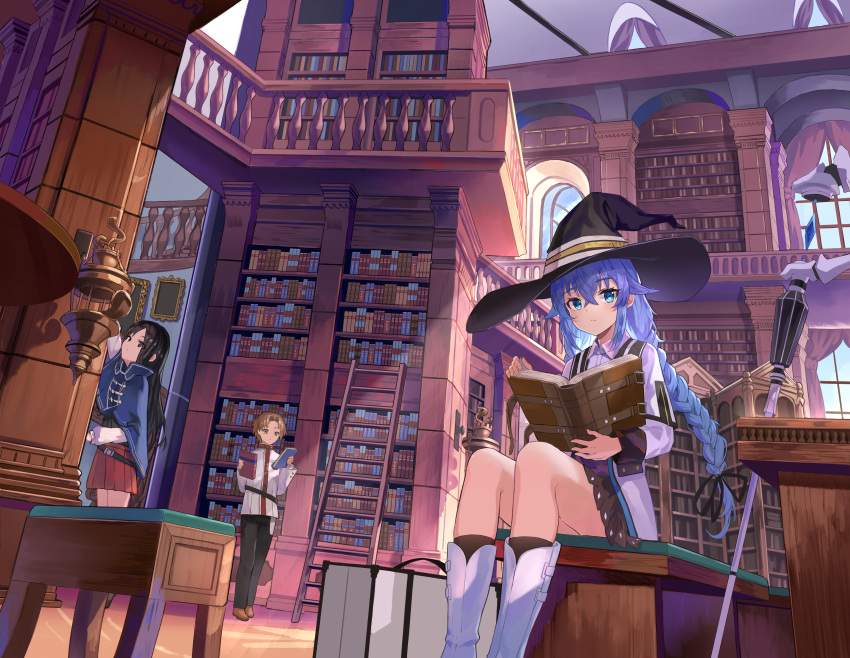 1boy, 2girls, absurdres, black_hair, black_pants, blonde_hair, blue_cloak, blue_eyes