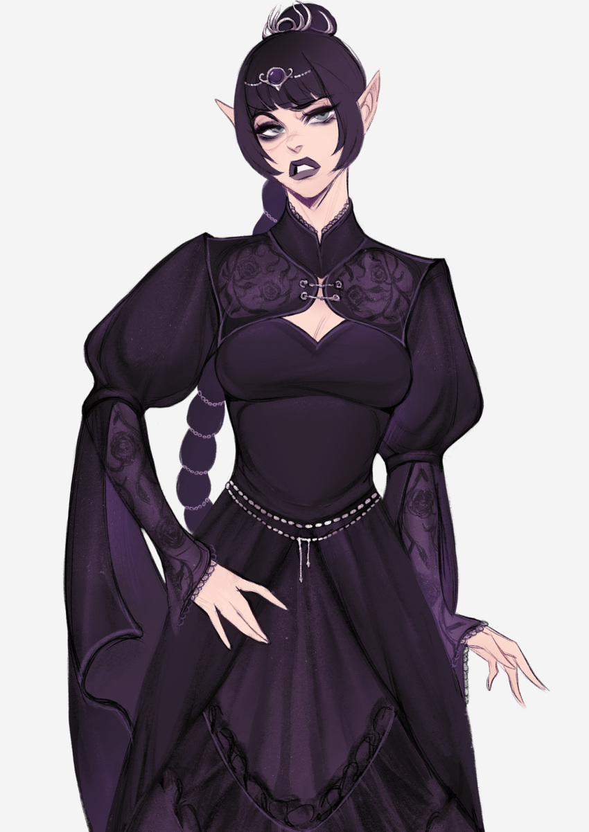 1girl, alternate_costume, baldur's_gate, baldur's_gate_3, black_dress, black_hair, braid, braided_ponytail, breasts, dress, dungeons_and_dragons, elf, gothic, green_eyes, highres, large_breasts, lipstick, long_braid, long_hair, long_sleeves, looking_at_viewer, makeup, pointy_ears, scar, scar_on_face, shadowheart_(baldur's_gate), solo, ykshelter