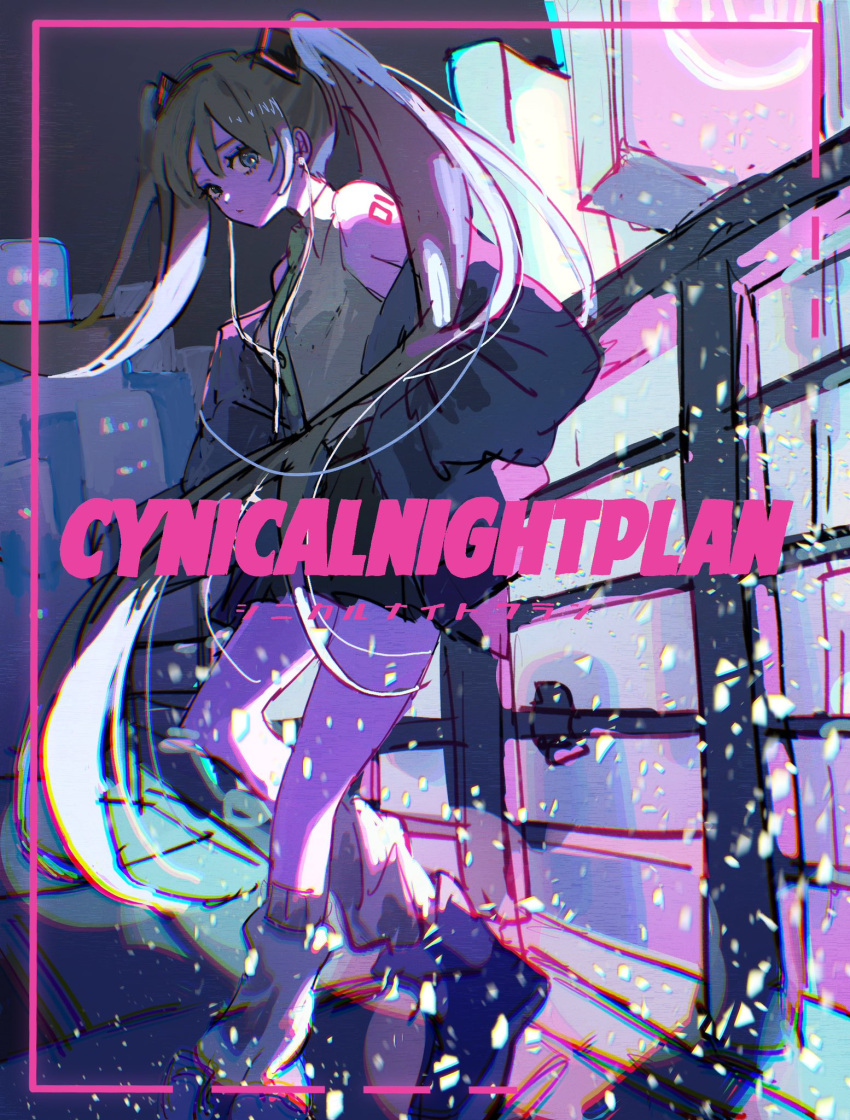 1girl, against_railing, bare_shoulders, black_skirt, blue_eyes, blue_jacket, blue_necktie, closed_mouth, collared_shirt, cynical_night_plan_(vocaloid), dot_nose, earphones, earphones, from_side, full_body, green_hair, grey_shirt, hair_between_eyes, hair_ornament, hands_in_pockets, hatsune_miku, highres, inset_border, inu_totemo, jacket, long_hair, long_sleeves, looking_at_viewer, loose_socks, necktie, neon_trim, number_tattoo, off_shoulder, open_clothes, open_jacket, pleated_skirt, railing, shadow, shirt, shoes, sidelocks, sign, skirt, sleeveless, sleeveless_shirt, socks, solo, tattoo, twintails, very_long_hair, vocaloid, white_socks
