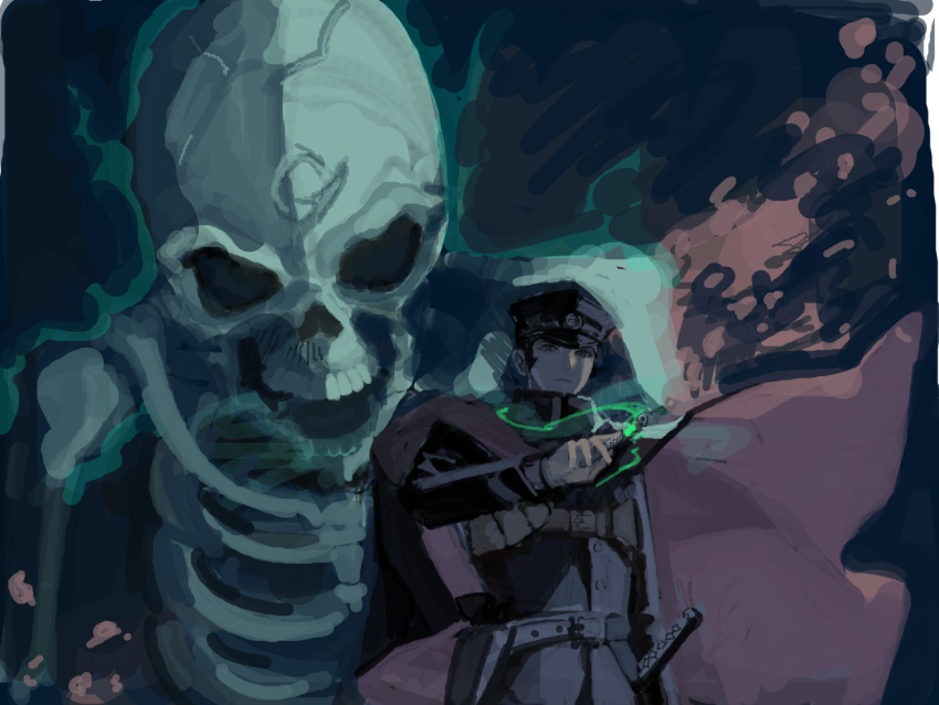 belt, black_cape, black_headwear, cape, chest_harness, dark_background, devil_summoner, gakuran, gashadokuro, giant, giant_monster, green_light, grey_eyes, harness, hat, hilt, holster, kuzunoha_raidou, morimiya_(kuroro), peaked_cap, purple_cape, school_uniform, shin_megami_tensei, sideburns, skeleton, sword, tube, weapon