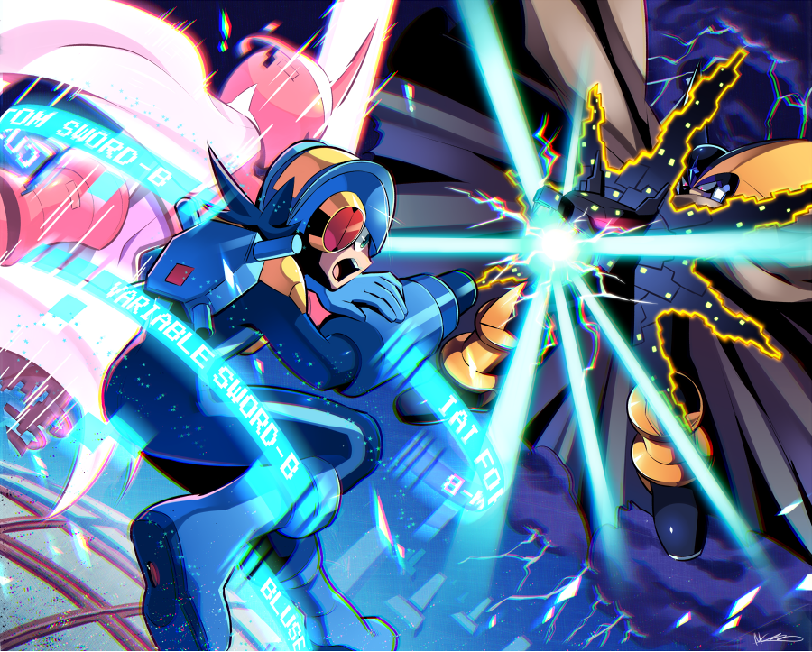 3boys, 4boys, arm_cannon, bass.exe_(mega_man), blue_headwear, bodysuit, boots, green_eyes