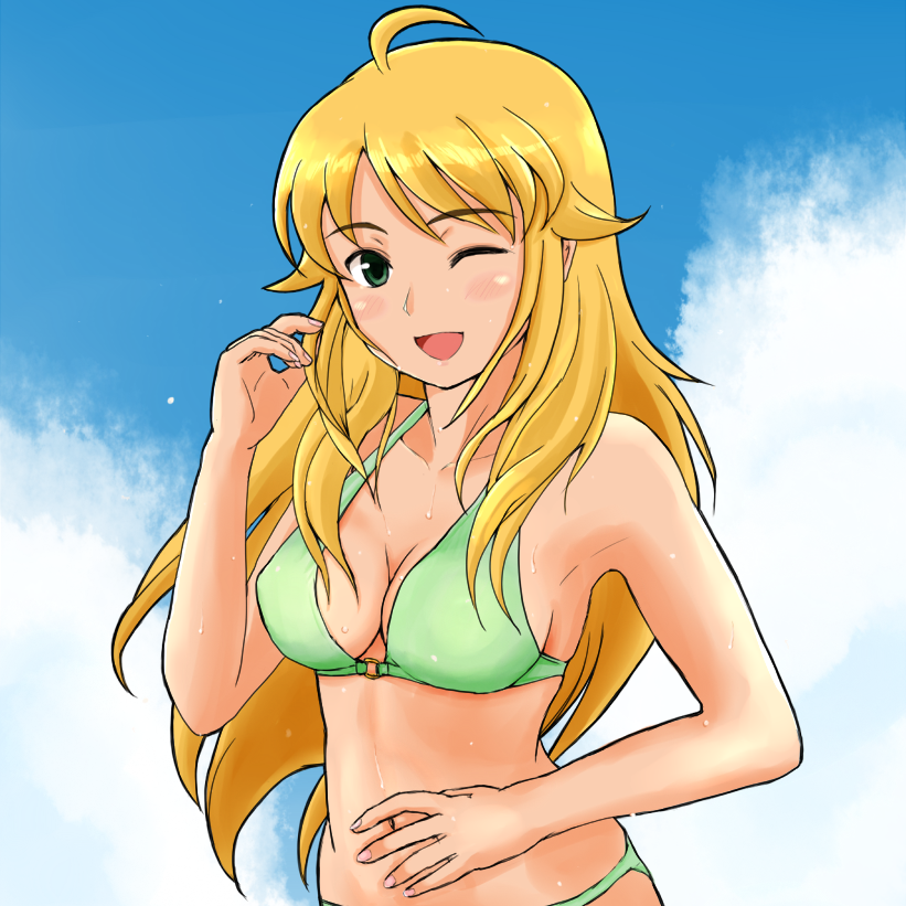 bare_shoulders, bikini, blonde_hair, breasts, cleavage, cloud, green_eyes, hoshii_miki