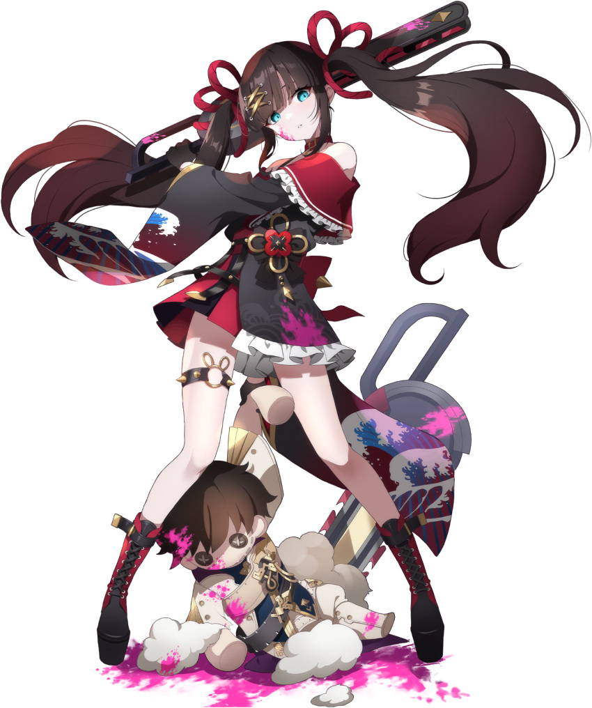 1girl, bare_legs, bare_shoulders, belt_choker, black_dress, black_footwear, black_gloves, black_hair