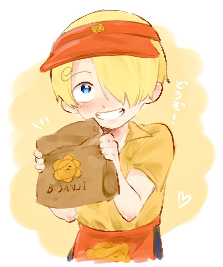 1boy, aged_down, apron, bag, blonde_hair, blue_eyes, blush, collared_shirt, commentary, curly_eyebrows, hat, heart, holding, kurimaron, one_eye_covered, one_piece, paper_bag, red_apron, red_headwear, sanji_(one_piece), shirt, simple_background, smile, translated, two-tone_background, upper_body, visor_cap, waist_apron, white_background, yellow_background, yellow_shirt