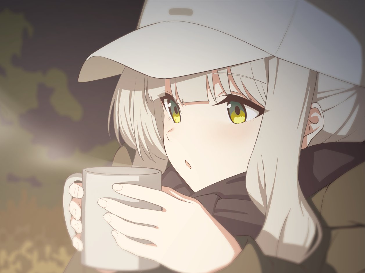 1girl, black_scarf, blue_archive, cup, fingernails, green_eyes, green_jacket, grey_hair, hare_(blue_archive), hare_(camp)_(blue_archive), hat, holding, holding_cup, jacket, long_hair, long_sleeves, ochiaki, official_alternate_costume, open_mouth, ponytail, scarf, solo, upper_body, white_headwear