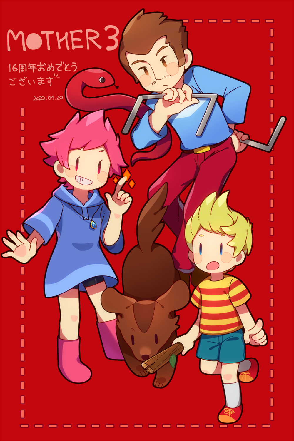 0mzum1, 1girl, 2boys, belt, blonde_hair, blue_dress, blue_eyes, blue_shirt