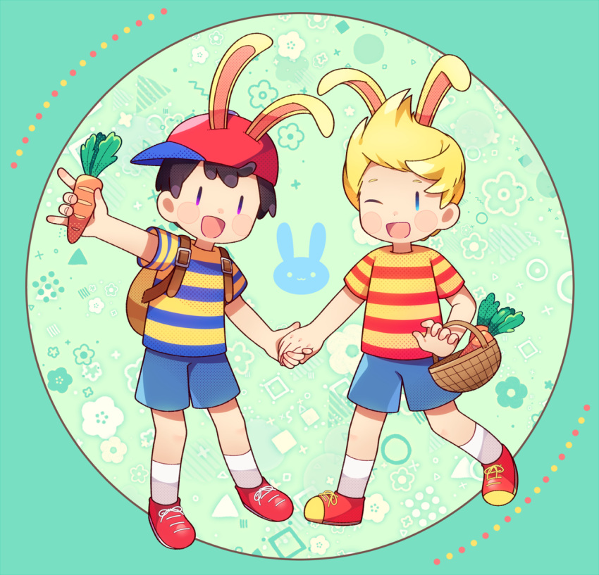 0mzum1, 2boys, :d, ;d, animal_ears, aqua_background, arm_up, backpack