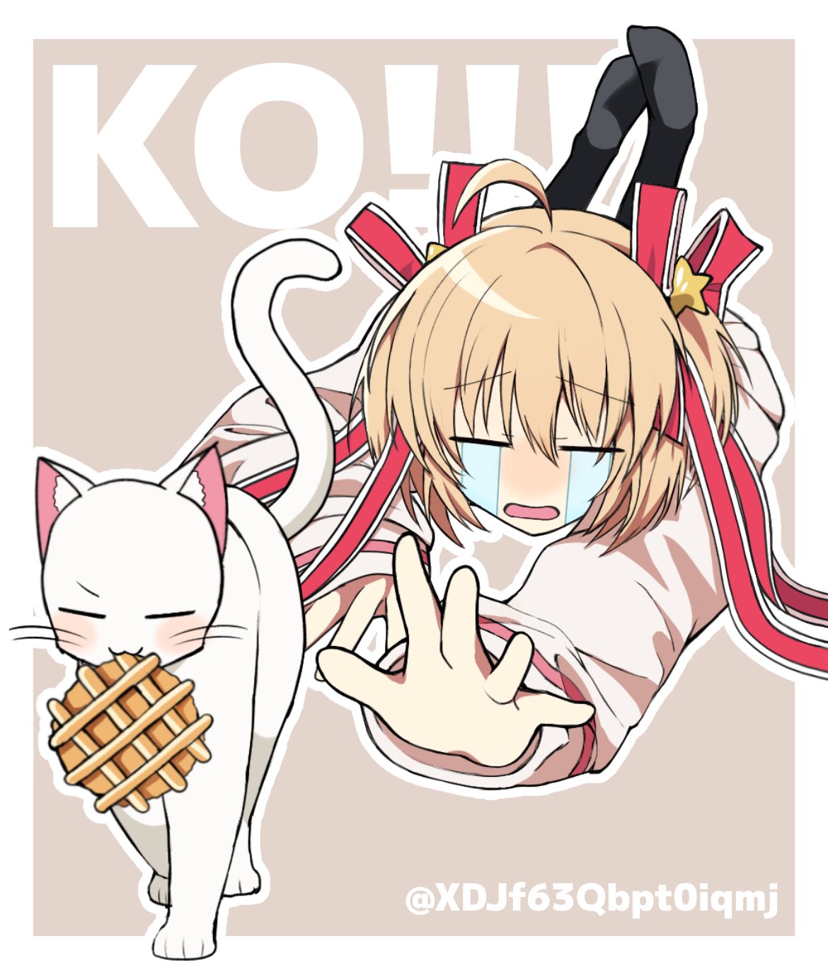1girl, :3, ahoge, blonde_hair, border, cat, closed_eyes, commentary
