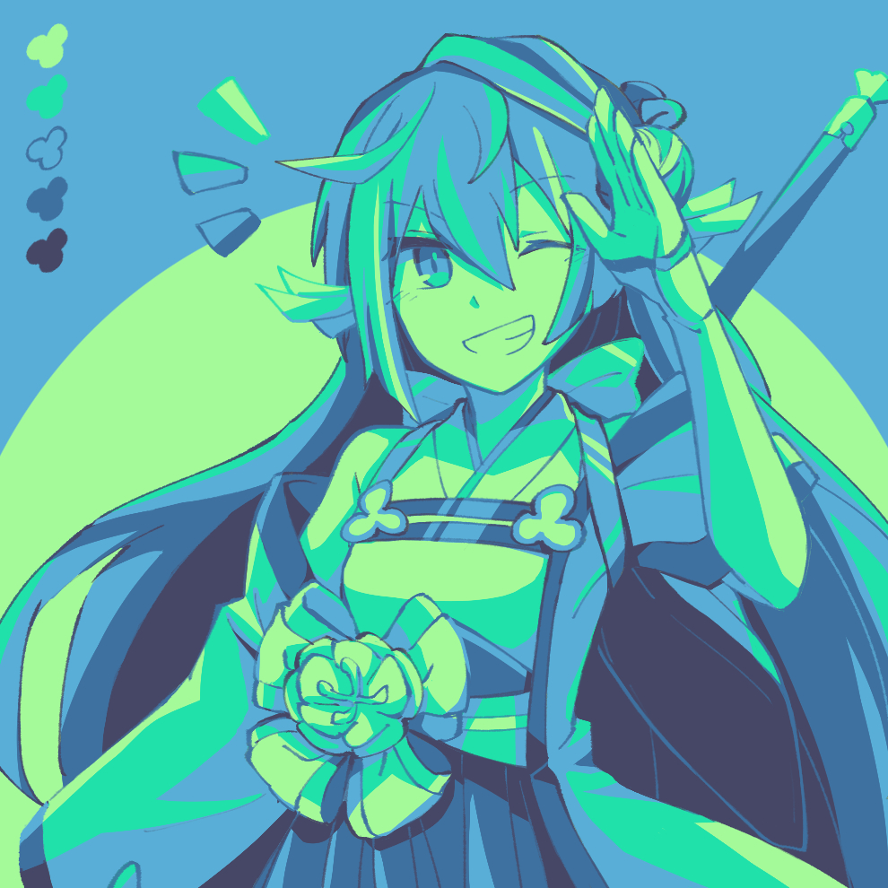 1girl, ;d, alonemistrist, armor, bare_shoulders, botan_(dragalia_lost), detached_sleeves, dragalia_lost, hair_between_eyes, holding, holding_polearm, holding_weapon, japanese_armor, japanese_clothes, long_hair, long_sleeves, looking_at_viewer, one_eye_closed, polearm, smile, solo, teeth, upper_body, very_long_hair, weapon