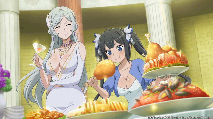 2girls, black_hair, blue_eyes, breasts, cardigan, closed_eyes, dress, dungeon_ni_deai_wo_motomeru_no_wa_machigatteiru_darou_ka