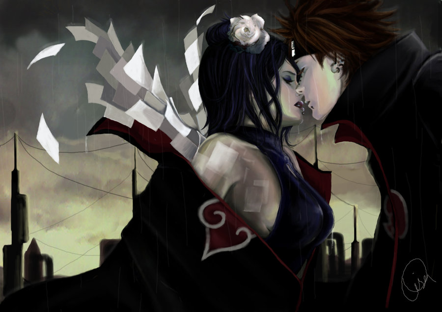akatsuki_(naruto), blue_hair, brown_hair, closed_eyes, couple, eyeshadow, flower, hair_flower