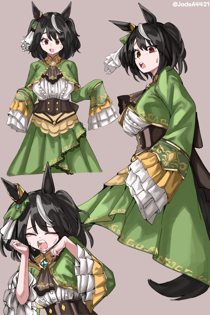 1girl, absurdres, animal_ears, ascot, black_hair, breasts, center_frills, closed_eyes