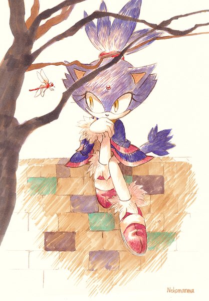1girl, animal_ears, blaze_the_cat, bug, cat_ears, cat_girl, cat_tail, dragonfly, forehead_jewel, fur-trimmed_gloves, fur_trim, furry, furry_female, gloves, nekosoul, pants, pink_footwear, ponytail, purple_fur, sitting_on_wall, sonic_(series), tail, tree, white_gloves, white_pants, yellow_eyes