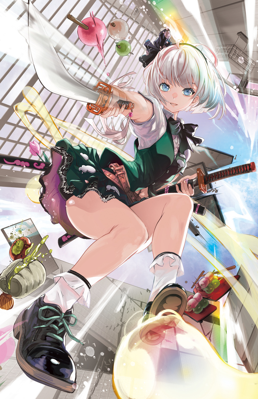 1girl, architecture, belt, black_footwear, black_hairband, blue_eyes, crossed_belts, cup