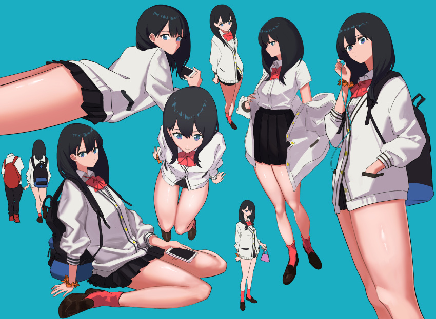 1girl, absurdres, backpack, bag, black_footwear, black_hair, black_skirt, blue_background, commentary_request, gridman_universe, highres, killert_0401, lying, on_stomach, phone, pink_bag, red_socks, shirt, short_hair, simple_background, skirt, socks, ssss.gridman, sweater, takarada_rikka, thick_thighs, thighs, undressing, white_shirt, white_sweater
