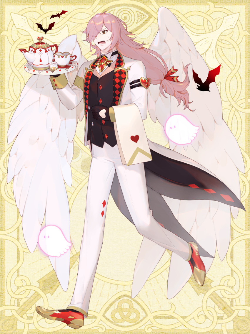 1boy, a_hubert, angel_wings, argyle, bat_(animal), black_gloves, black_vest, brooch