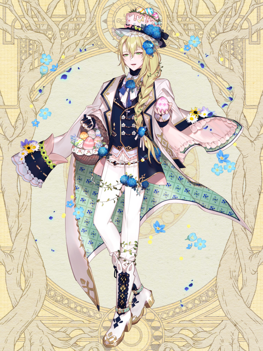 1boy, :d, animal_ear_footwear, ankle_belt, asymmetrical_sleeves, basket, belly_chain, black_gloves