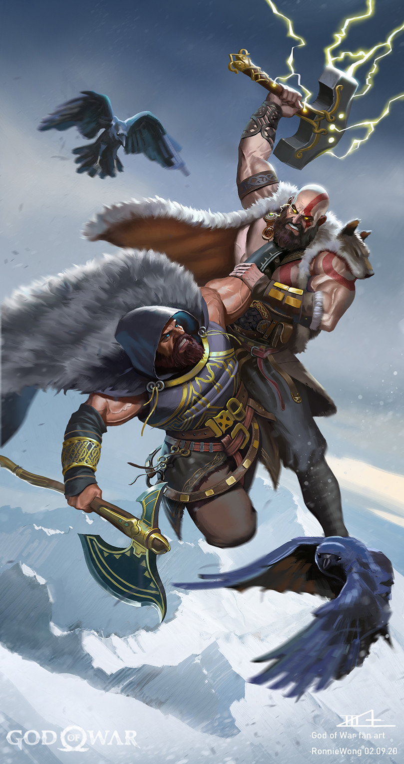 2boys, axe, bald, bird, cape, clouds, commentary, crow