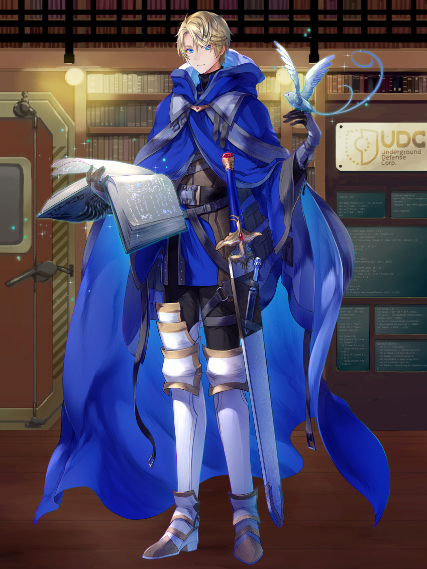 1boy, alexis_milla, armor, armored_boots, belt, bird, bird_on_hand, black_gloves, black_pants, black_shirt, blonde_hair, blue_cloak, blue_eyes, blue_jacket, book, bookshelf, boots, bridal_gauntlets, brown_belt, cloak, dagger, dairoku_ryouhei, del_depths, door, full_body, gloves, greaves, grey_bridal_gauntlets, highres, holding, holding_book, hood, hood_down, hooded_cloak, indoors, jacket, knife, knife_sheath, layered_gloves, leather_armor, light_particles, looking_at_viewer, male_focus, monitor, open_book, pants, pocket, poleyn, scabbard, sheath, sheathed, shirt, short_hair, smile, solo, swept_bangs, sword, thigh_strap, turtleneck, weapon, white_footwear, wide_sleeves, wooden_floor