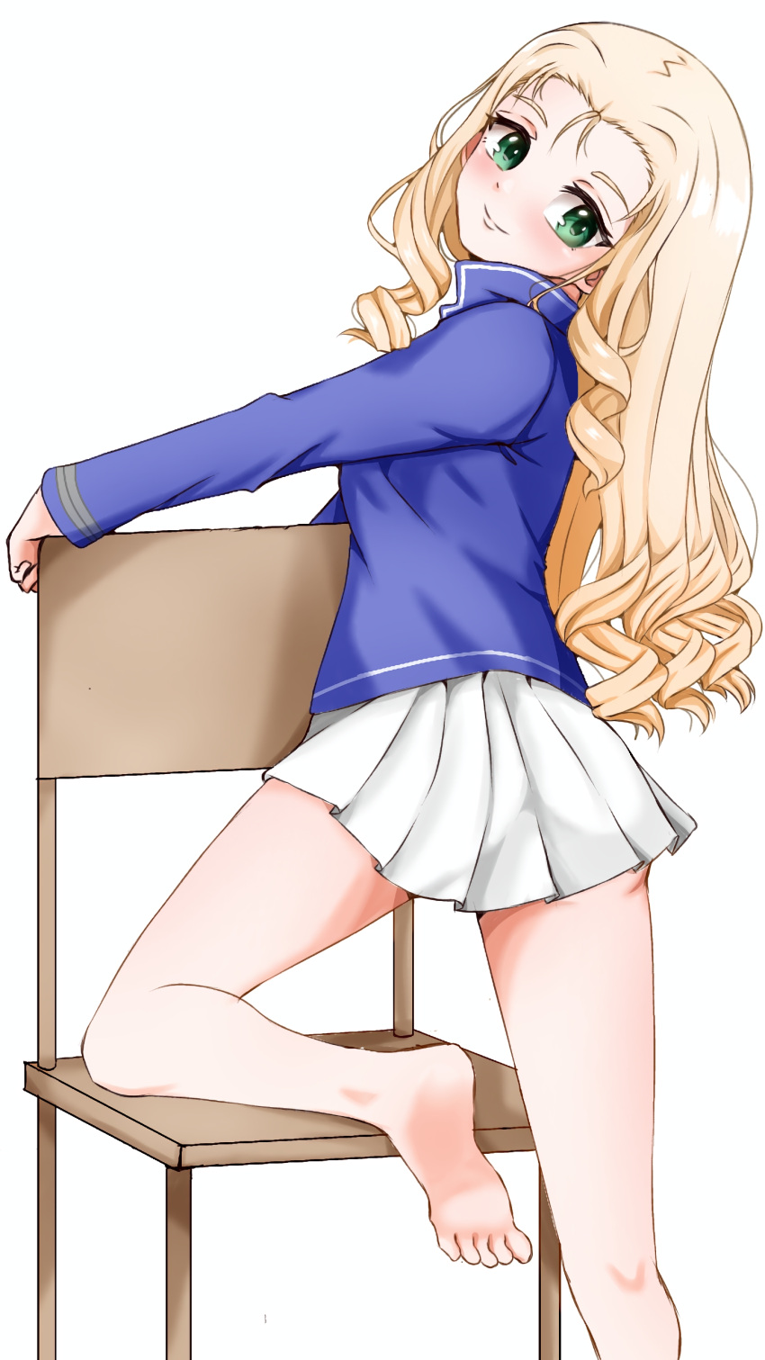 1girl, absurdres, ass_visible_through_thighs, barefoot, bc_freedom_military_uniform, blonde_hair, drill_hair, from_behind
