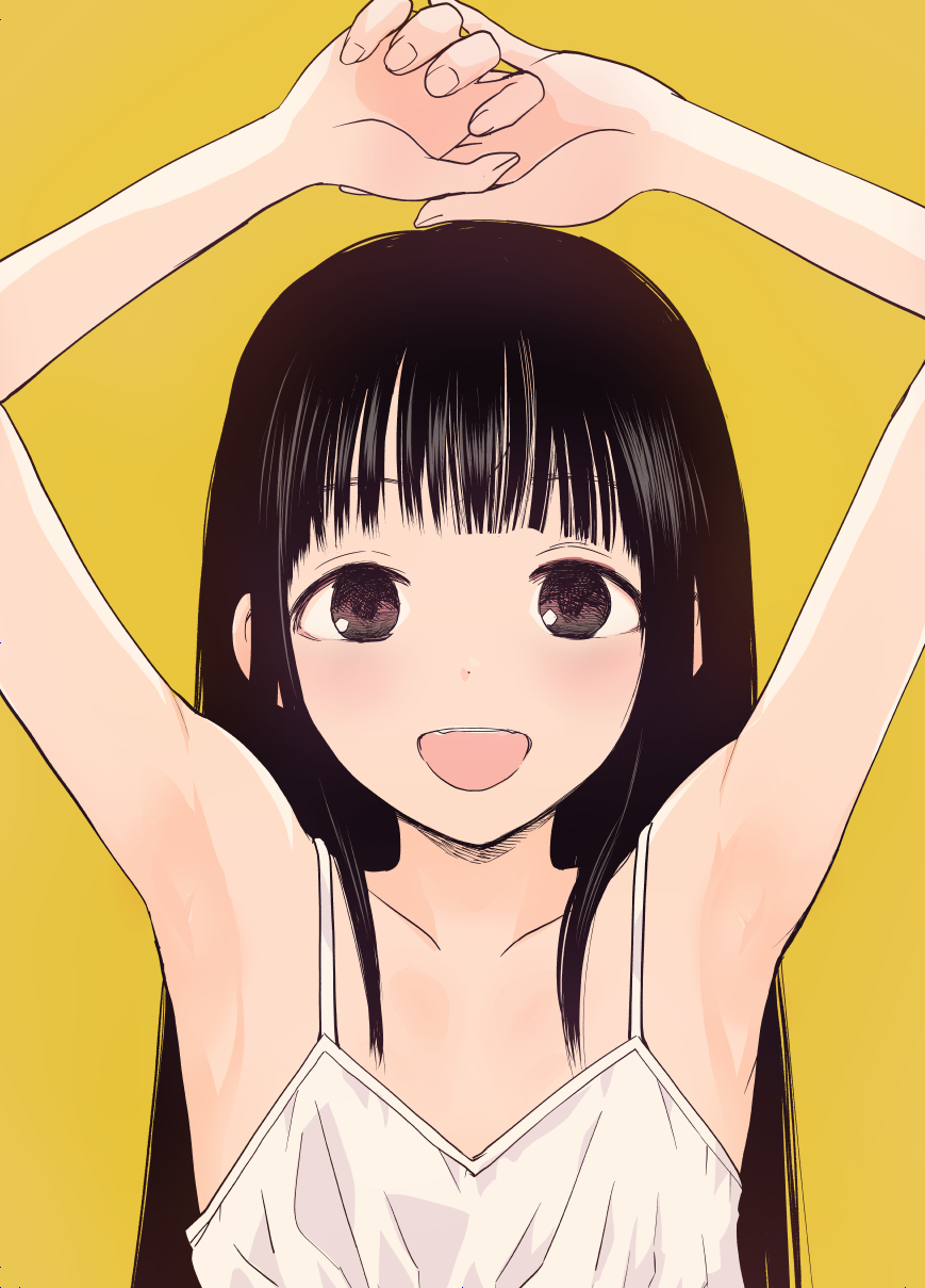 1girl, armpits, arms_up, bare_shoulders, hanamizawa_q-tarou, highres, long_hair, open_mouth