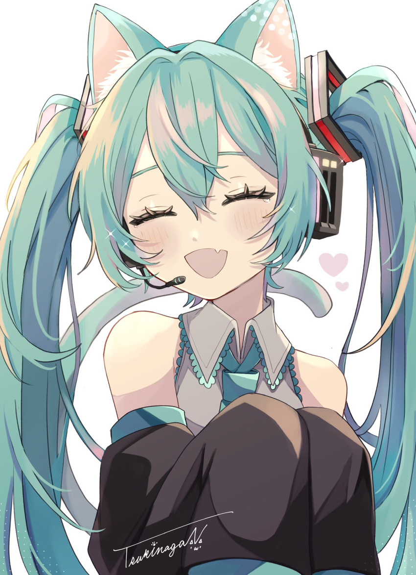 1girl, :d, animal_ear_fluff, animal_ears, bare_shoulders, black_sleeves, blue_necktie, blush