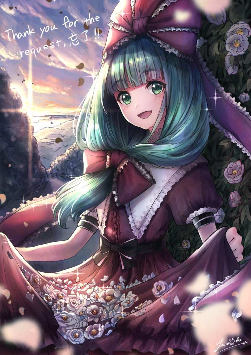 1girl, blunt_bangs, bow, commission, dress, flower, frilled_bow, frilled_dress