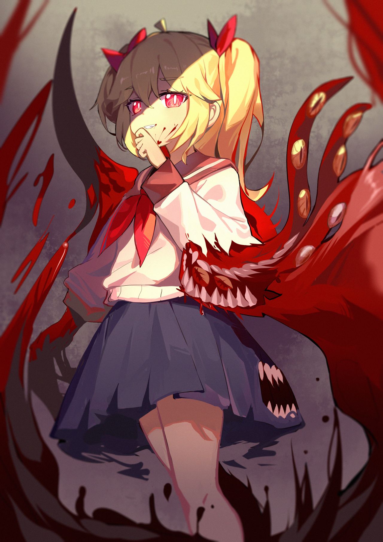 1girl, black_skirt, blonde_hair, blood, blood_on_face, evil_grin, evil_smile, feet_out_of_frame