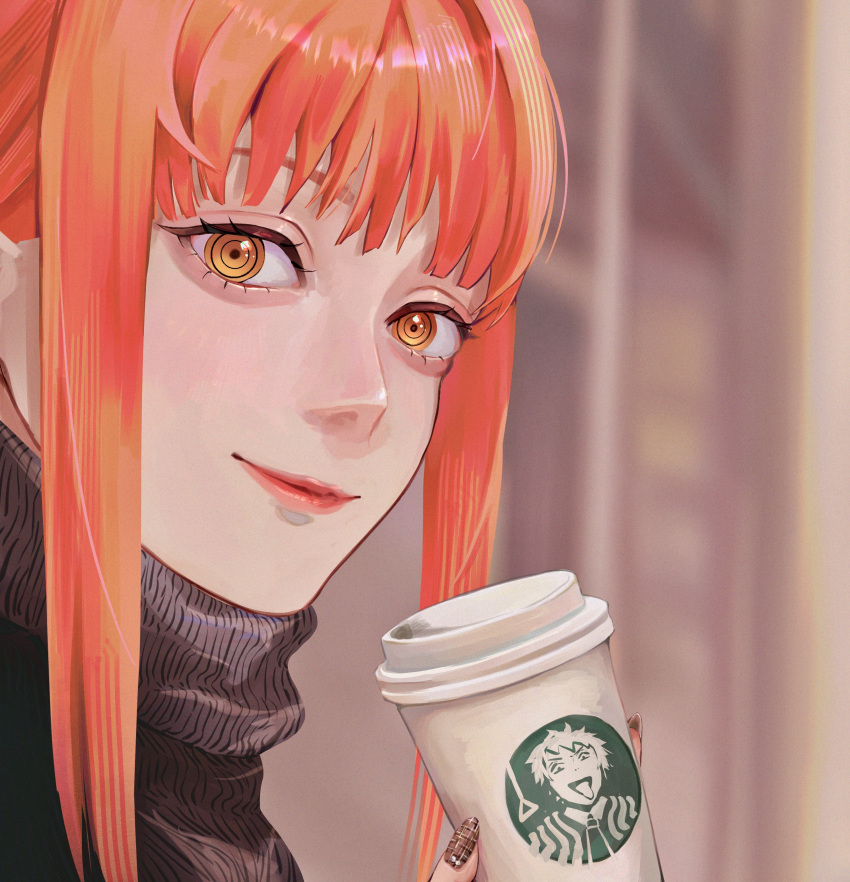 1girl, absurdres, alternate_costume, asaki_illust, black_sweater, blurry, blurry_background, chainsaw_man, coffee_cup, cup, depth_of_field, disposable_cup, highres, logo_parody, looking_at_viewer, makima_(chainsaw_man), medium_bangs, orange_eyes, orange_hair, outdoors, portrait, red_lips, ringed_eyes, sidelocks, solo, starbucks, sweater, turtleneck, turtleneck_sweater