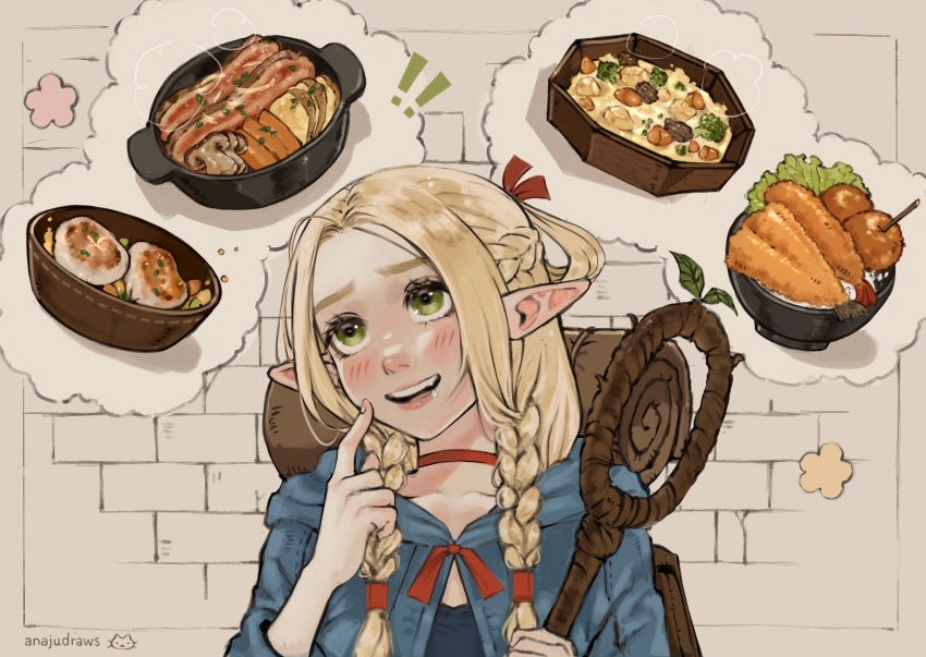 1girl, anajudraws, blonde_hair, blush, braid, dungeon_meshi, elf, food