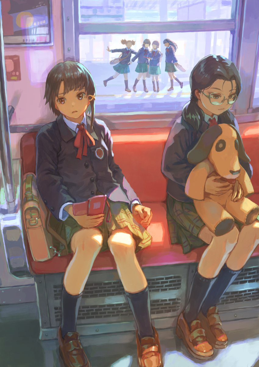2girls, absurdres, bag, black_hair, blonde_hair, brown_hair, faceless, faceless_female, glasses, green_skirt, grey-framed_eyewear, hair_ornament, highres, holding, holding_phone, holding_stuffed_toy, iwakura_lain, katou_juri, long_hair, low_twintails, mizuki_alice, multiple_girls, naritate_zombie, open_mouth, phone, plaid, plaid_skirt, red_ribbon, ribbon, school_uniform, serial_experiments_lain, short_hair, short_twintails, single_sidelock, skirt, stuffed_animal, stuffed_dog, stuffed_toy, swept_bangs, train_interior, twintails, window, x_hair_ornament, yamamoto_reika, yomoda_chisa