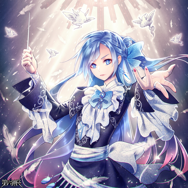 1boy, alba_alfurira, androgynous, angel, back_bow, baton_(conducting), black_coat, blue_bow